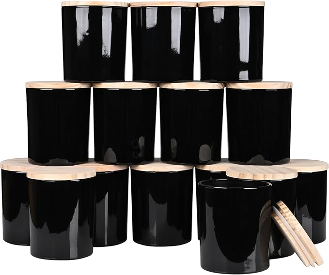 10 OZ Thick Candle Jars for Making Candles 15 Pcs, Empty Jars with Wood Lids for Candle Making, Sample Container, Glossy Black