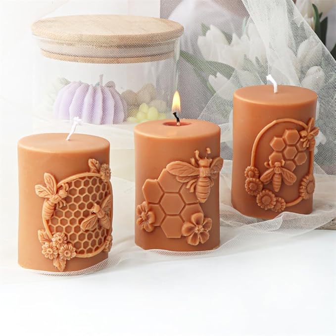 Bee Honeycomb Flower Cylinder Candle Mold, Honeybee Beehive Pillar Silicone Mold for Beeswax Candle, Soy Wax Candle, Plaster Ornament, DIY Crafts (A)