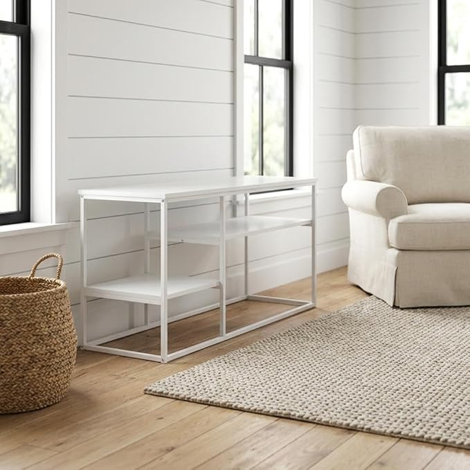 Furnifact White Modern Lifestyle TV Stand for 50 Inch TVs, Solid Rubberwood and Walnut Veneers, Durable Construction, Stylish Storage Solution