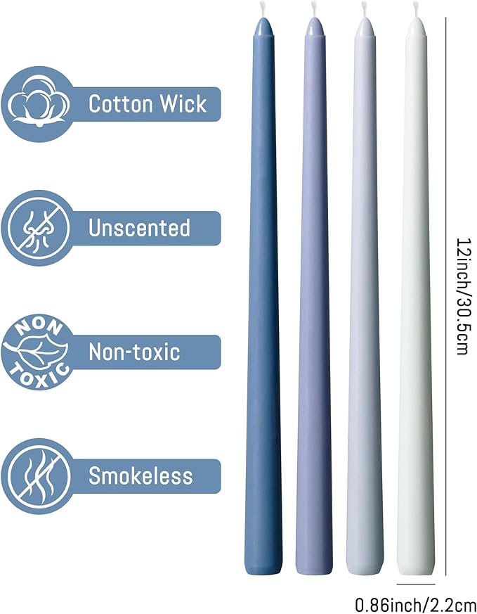 12-Inch Taper Candles 4 Pack - Tapered Candlesticks - Smokeless, Unscented, Long Burning - Hand Poured, Colored for Home Decor Wedding, Dinner - Blue