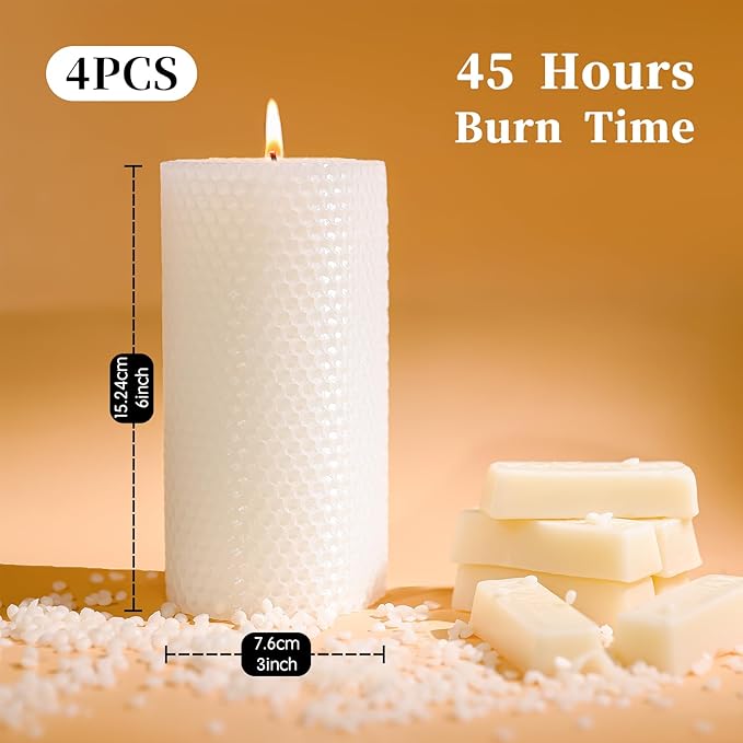 4 Packs 3x6 Inch White Beeswax Candles, Large Honeycomb Beeswax Pillar Candles, 45 Hours Burn Time, Natural Pure Bees Wax Candle Gift for Home Decor, Candle Lovers, Air Purify