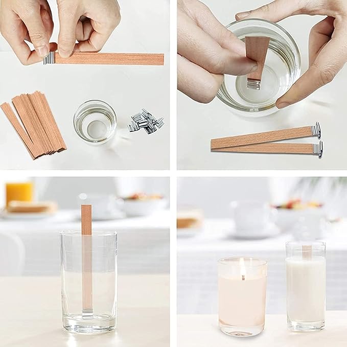 100 pcs Wooden Candle Wicks for Candle Making,6 inch Crackling Wood Wicks/Smokeless Candle Wick with Metal Base Clip 50 Sets