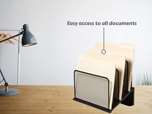 1InTheOffice Metal Mesh File Organizer, Black Wire Mesh 5 Section Incline Sorter, Black Finish