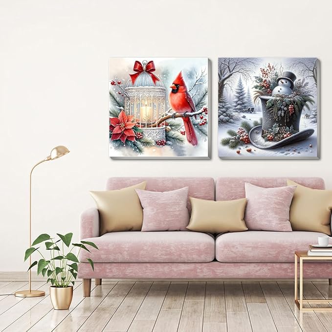 2 pack Snowman Paint by Numbers Kit for Adults Beginner With Framed,Winter Cardinal Easy Adult Paint by Number Kits on Canvas DIY Painting for Beginners Art by Numbers for Home Wall Decor 10x10 Inch