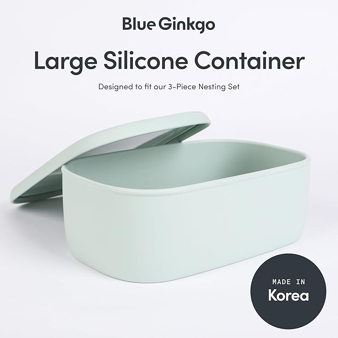 BLUE GINKGO Nesting Silicone Containers - Large Silicone Food Storage Container | BPA Free, Airtight, Dishwasher and Freezer Safe (47.5 oz) - Green