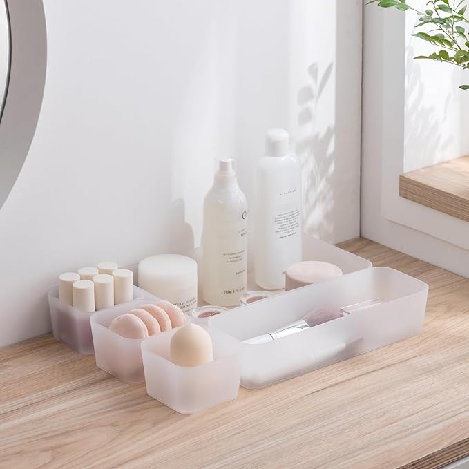 Poeland 10 Pcs Drawer Organizer Tray Storage Box for Bedroom Dresser Bathroom Kitchen, Frosted