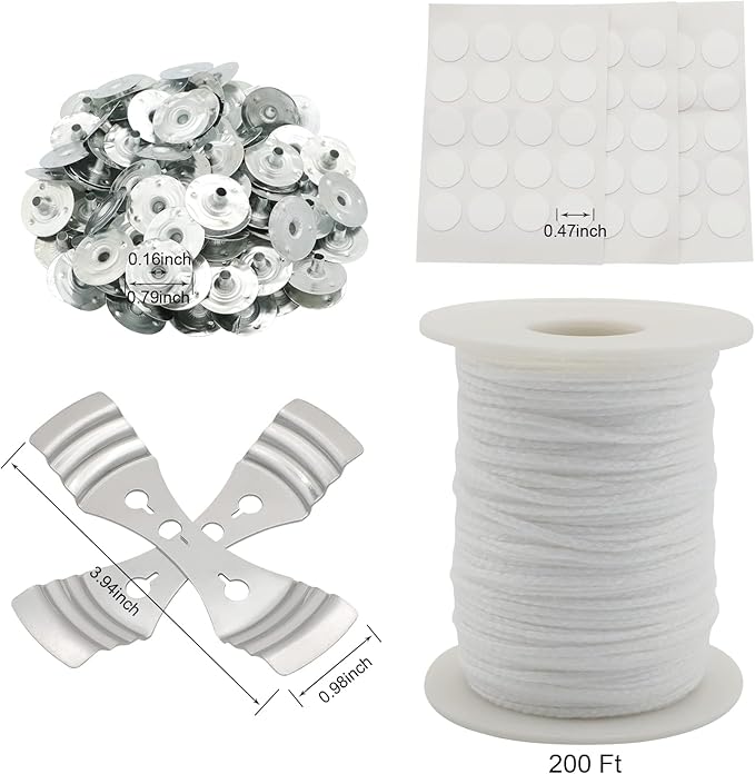 Candle Wick Roll, RAPUDA 200 Ft 24 PLY Braided Wick Spool, 2 Pcs Metal Candle Wick Holders,100 Pcs Metal Sustainer Tabs, 60 pcs Candle Thread Stickers for Candle DIY Craft Making