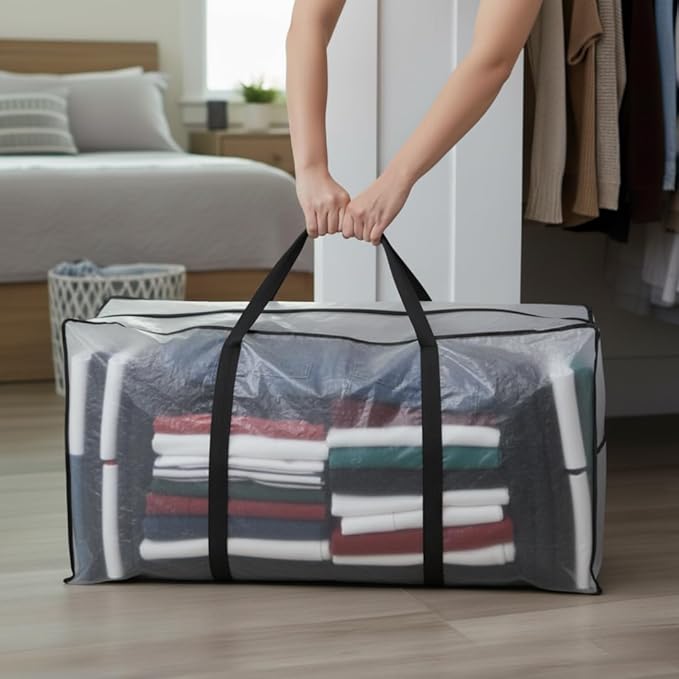 68.5 GAL 2 Pack XXL Jumbo Extra Large Heavy Duty Stronger Handles Storage Bags Moving Totes Zippered Reusable Wrap Around Handle Storage Totes (Translucent/Semi-Transparent)