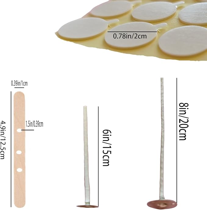 200Pcs 6 Inch Candle Wick 100Pcs 8 Inch Cotton Candle Wicks, 300Pc Wick Stickers, 20 Pcs Candle Wick Holders, Wick Clips,Candle Wicks for Candle Making, Candle DIY