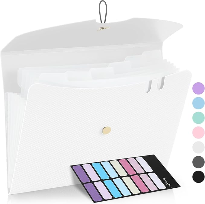 Sooez 7 Pocket Expanding File Folder, Premium Accordion File Organizer, Letter Size Folders for Documents, Sleek Filing Folders with Bungee Closure, Portable Folders for School Office Supplies, White