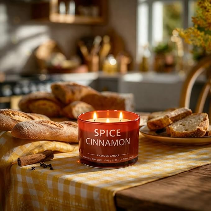 Spiced Cinnamon Scented Candle, Luxury Large 3 Wick Soy Candle 12 Oz, 60+ Hour Long Lasting Clean Burn, Elegant Aromatherapy Home Decor, Housewarming & Birthday Gift for Men & Women