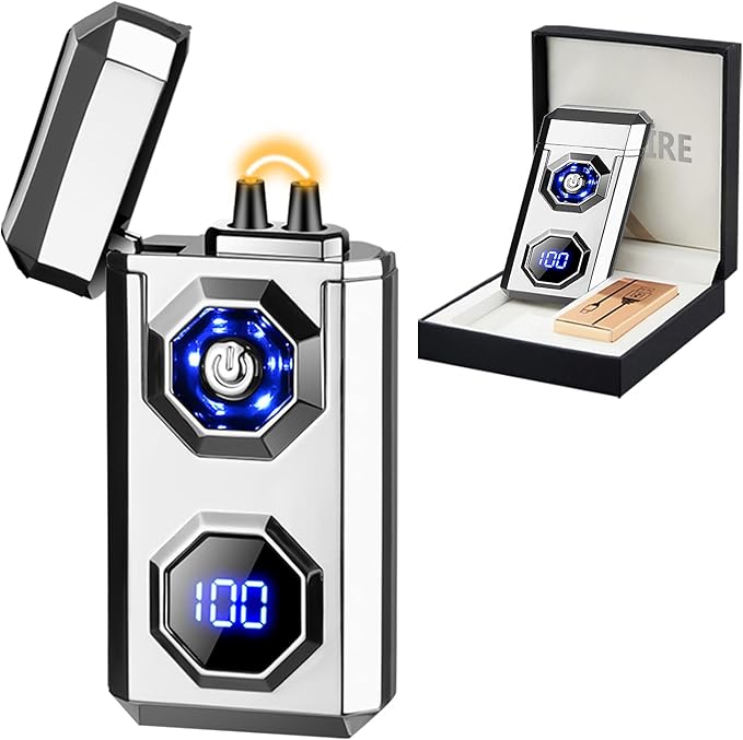 SKRFIRE Electric Lighter Rechargeable USB C Arc Plasma High Power Flame Cool Windproof Electronic Candle Lighter with LED Flashlight for Candle, Firework, Incense (Sliver)