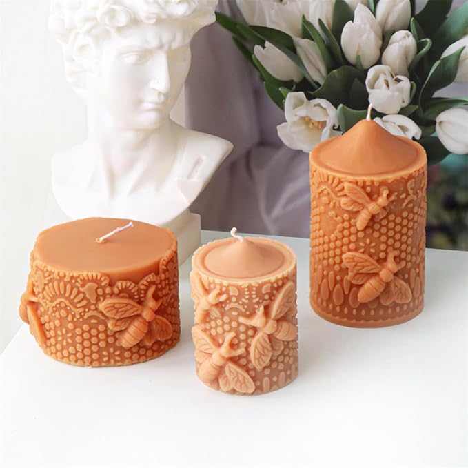 Bee Lace Trim Cylinder Candle Mold, Honeybee Beehive Pillar Silicone Mold for Beeswax Candle, Soy Wax Candle, Plaster Ornament, DIY Crafts (F)