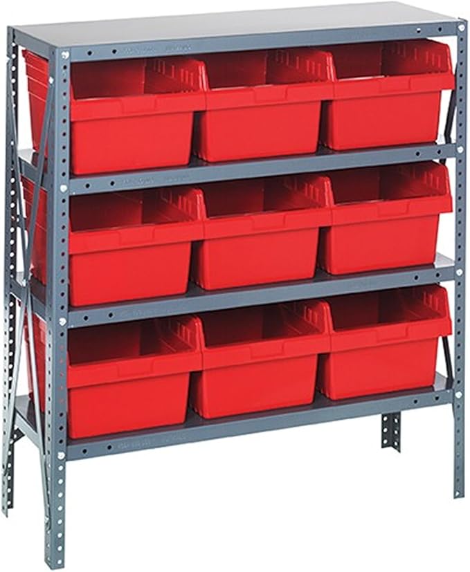 Quantum Storage Systems 1239-SB809RD Solid Heavy Duty 4 Shelves 9 Store-MAX Red Bins 39" H x 36" W x 12" D