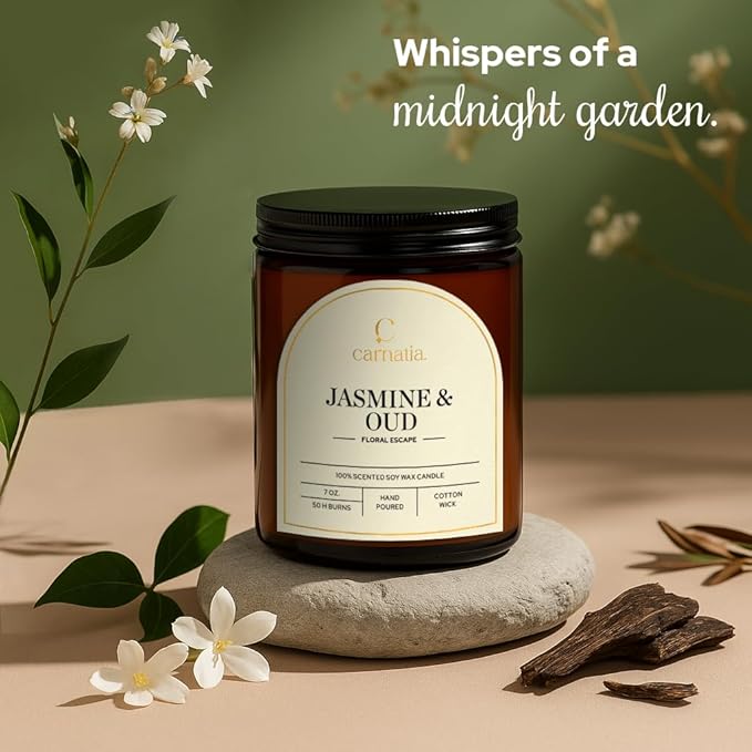 Carnatia Jasmine & Oud Scented Candle – 7 oz | 100% Soy Wax with Cotton Wick | 50 Hour Burn | Aromatherapy Candle for Home, Mood Lift & Relaxation | Gift for Women & Men