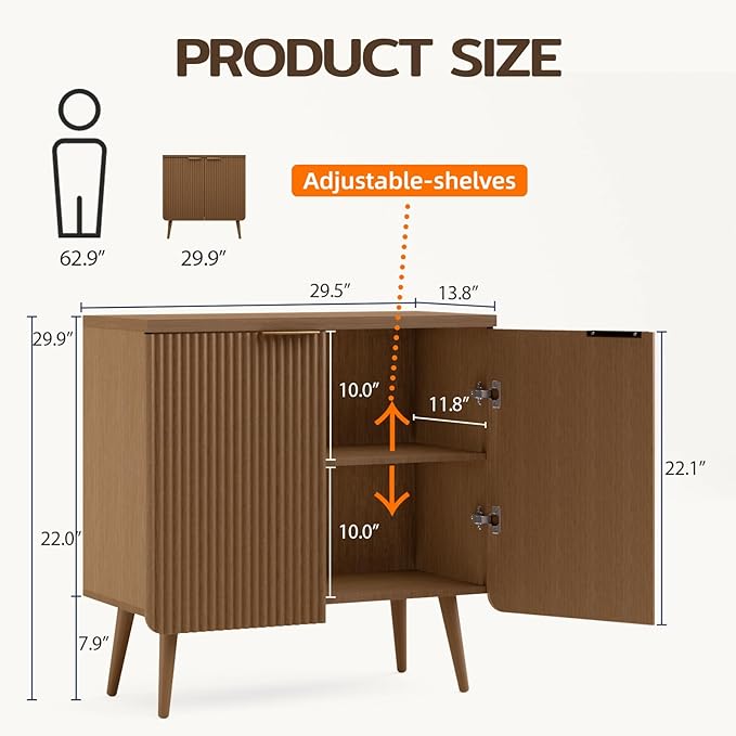 Sideboard Buffet Cabinet with Storage, Modern Fluted Accent Credenza with 2 Doors, Buffet Media Console Entryway Cabinets with Adjustable Shelves for Living Room Dining Room Hallway, Walnut