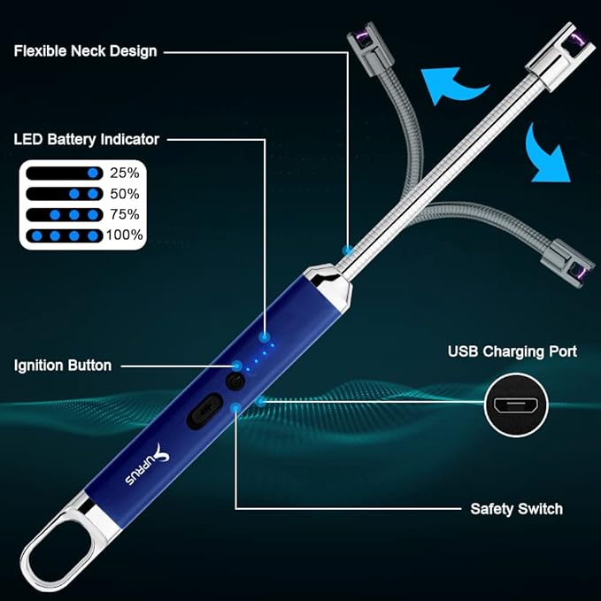 SUPRUS Rechargeable USB Arc Electric Lighetrs with Safety Switch 360° Flexible Neck Flameless Grill Long Lighters for Candle Camping Cooking (Dark Blue, 2Packs)