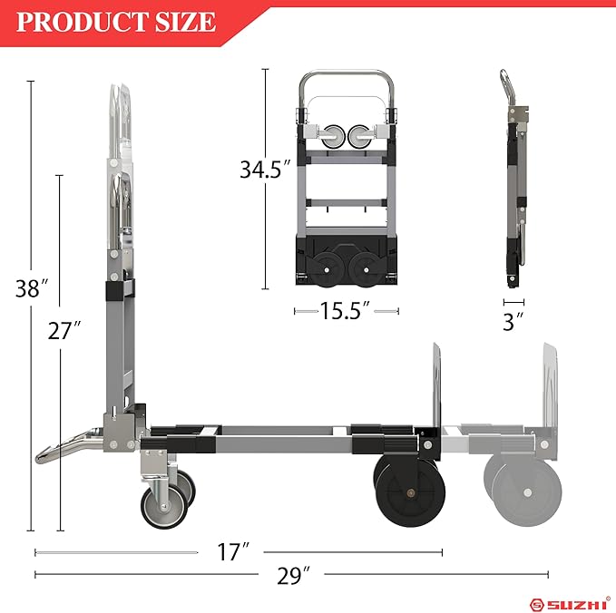 3 in 1 Convertible Hand Truck Dolly Cart with Wheels Collapsible/Folding handtruck Dolly / 2 Straps/Adjustable Height/for Luggages/Cartons/Warehouse/Supermarket/Office / 500 Lbs Load
