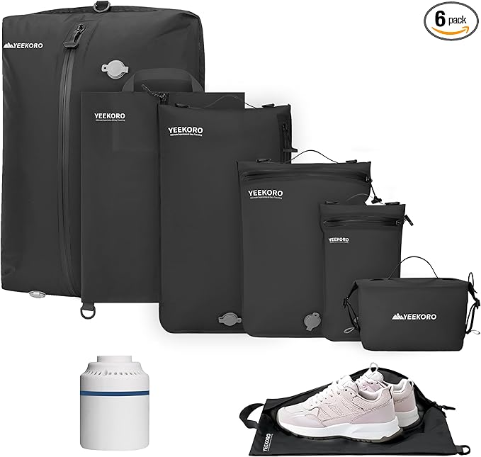 6 Set Vacuum Bags for Travel, Professional IPX8 Reusable Organizer, Compression Packing cube for Suitcases, Durable Seal Space Saver Bags -Traveling/Skiing Essentials (Black with Pump)