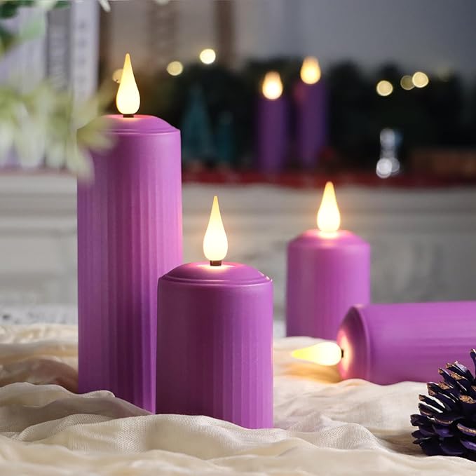 yunsheng Rechargeable Flameless Candles with Remote Timer, in/Outdoor Waterproof LED Flickering Pillar Candles Set of 6 (D2 x H4/5.5/6.5"), Battery Operated Purple Plastic Roman Column Candles