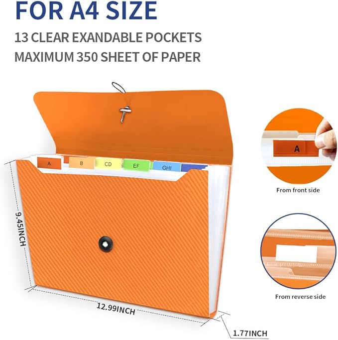 Expanding File Folder, 13 Pockets Accordian File Holder Organizer, A4 Letter Size Paper Document Receipt Organizer Accordion Filing Folder for Classroom, Home, Office and Travel, Orange
