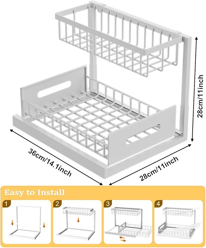 Under Sink Organizer, 1 Pack Pull Out Bathroom/Kitchen Under Cabinet Organizers and Storage, 2 Tier Metal Slide Out Under Kitchen Sink Storage Bathroom Undersink Organizers for Laundry Room
