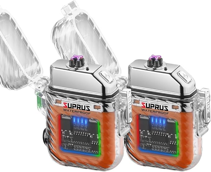 SUPRUS Waterproof Luminous Lighter of Flashlight Windproof Arc Electric Lighters Rechargeable Dual Arc Plasma (Orange, 2Packs)