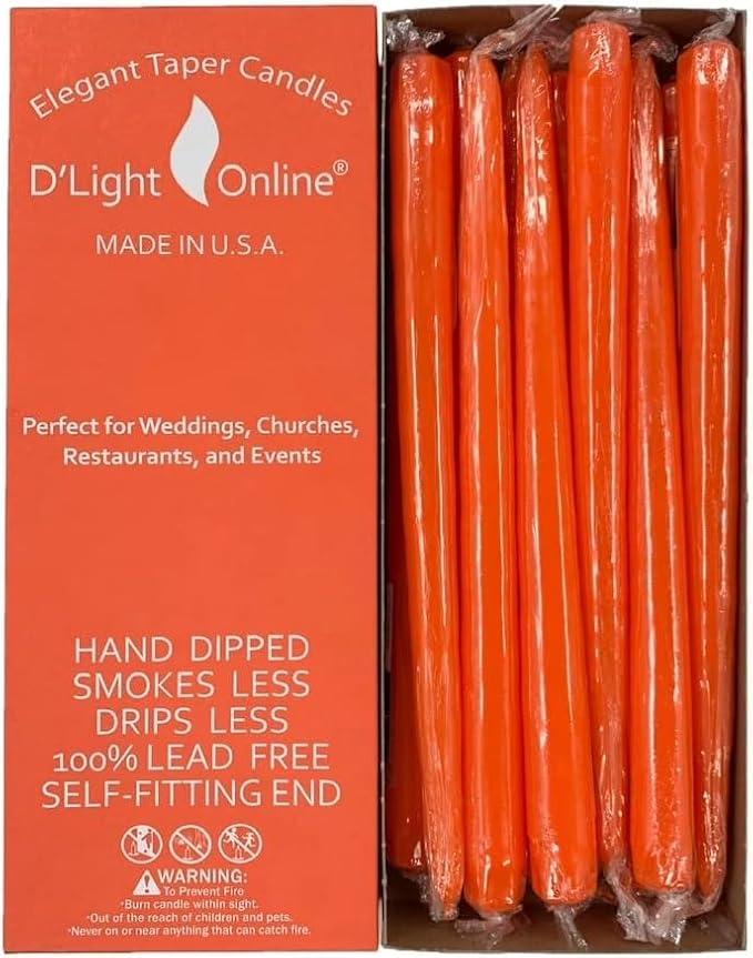 D'light Online Elegant 10" Unscented Orange Taper Candles, Premium Quality Hand-Dipped Tapered Candles, Dripless and Smokeless - Set of 12 Individually Wrapped (10 Inch, Orange)