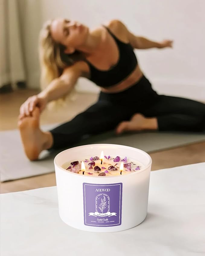 AOOVOO Lavender Scented Candles for Women - 20oz 3 Wick Soy Candles for Home Scented, Aromatherapy Candle with Crystals Inside, Birthday Gifts Valentines Day Candle for Women Mom