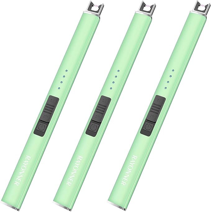 Electric Candle Lighter USB Rechargeable Plasma Arc Windproof Flameless with Safety Lock Ideal for Candle BBQ Camping Birthday Housewarming Gifts for Women & Men (Green*3, 1 Count (Pack of 3))