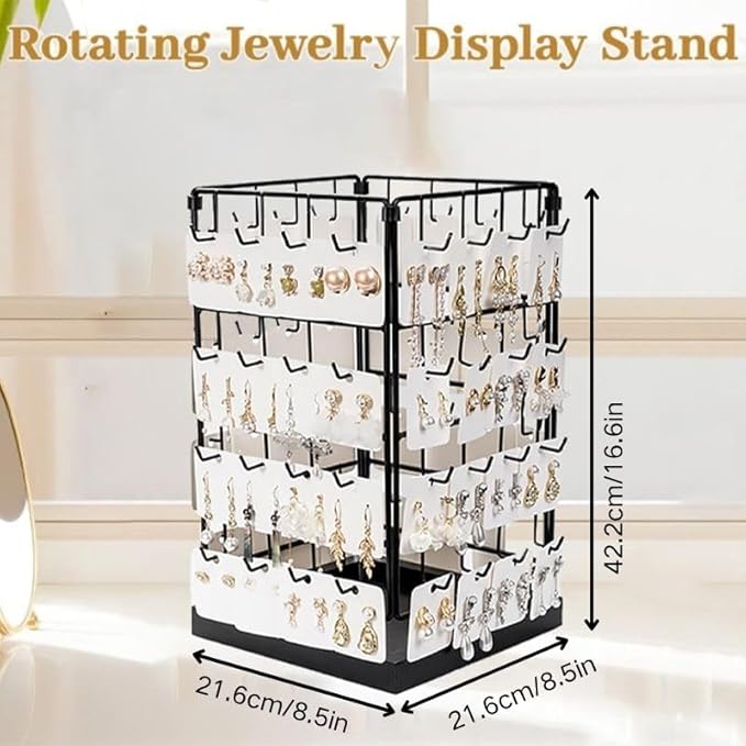 360 Rotating Earring Display Holder Stand, Large Capacity 64-Hook Jewelry Display and Storage Rack，For retail displays, seller sales, and women's vanity earring organization (Black)