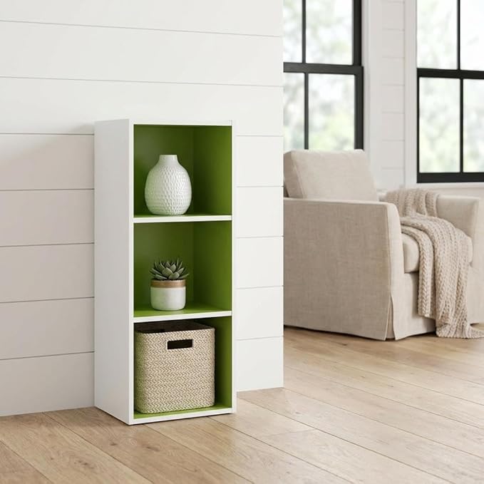 Furnifact White and Green 3-Tier Open Shelf Bookcase, Modern Storage Organizer, Sturdy Construction, Versatile Home Office and Living Room Decor