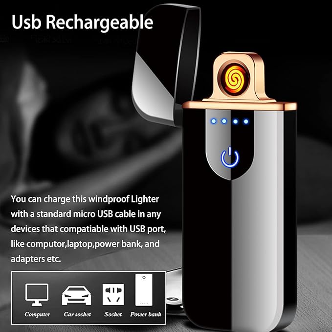 Electronic Lighter Smart USB Rechargeable, Mini Portable Design with Touch Dual-Sided Ignition - Windproof and flameless, Featuring Plasma Technology, Battery Indicator, and Lightweight Build(Black)