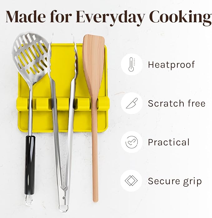 Cooler Kitchen Yellow Silicone Spoon Rest for Stove Top with Drip Pad (Two Pack) - Heat Resistant BPA Free Utensil Rest & Spoon Holder for Kitchen Counter - Grill Utensil Holder - Spatula Holder