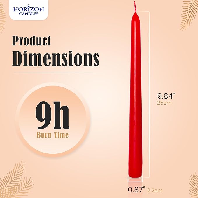 Horizon Unscented 10-Piece Taper Candle Set – 9 Hours Burning Time Smokeless & Dripless Candles for Centerpieces at Wedding, Holiday Dinners, Festive Parties and Home Decor - Red