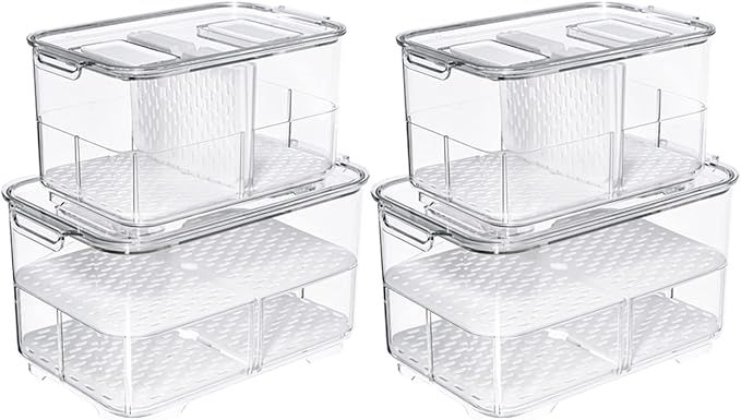 SANNO Fridge Produce Saver Storage Vegetable Fruit Containers Food Produce Saver Container Stackable Refrigerator Organizer Bins Fresh Keeper Drawers Organizer, Set of 4