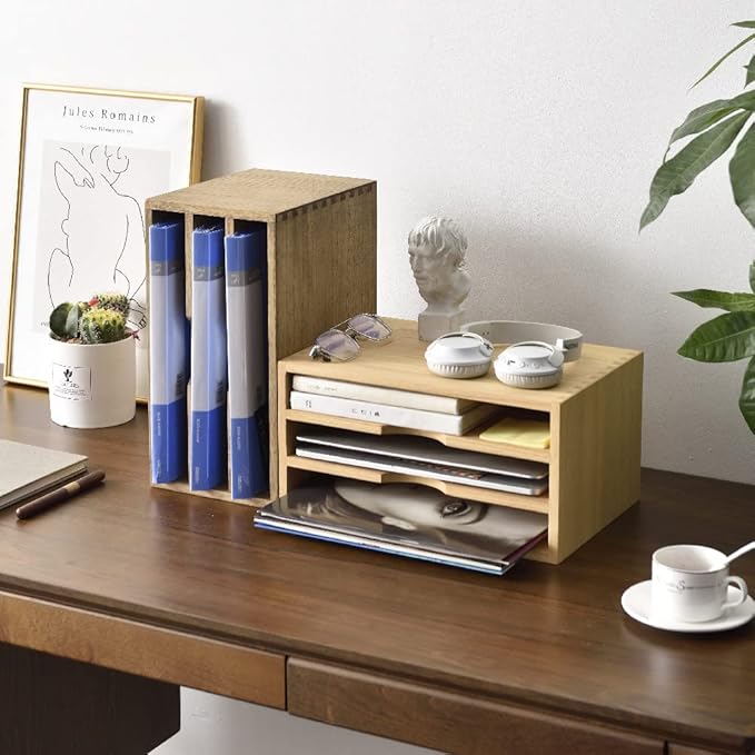 KIRIGEN Wooden Desktop Organizer Paper Storage Letter Tray File Sorter with 3 Layer Trays - Desk Rack Magazine File Dividers Holders for Home Office Accessories Dark Brown (3KWJG-DBR)