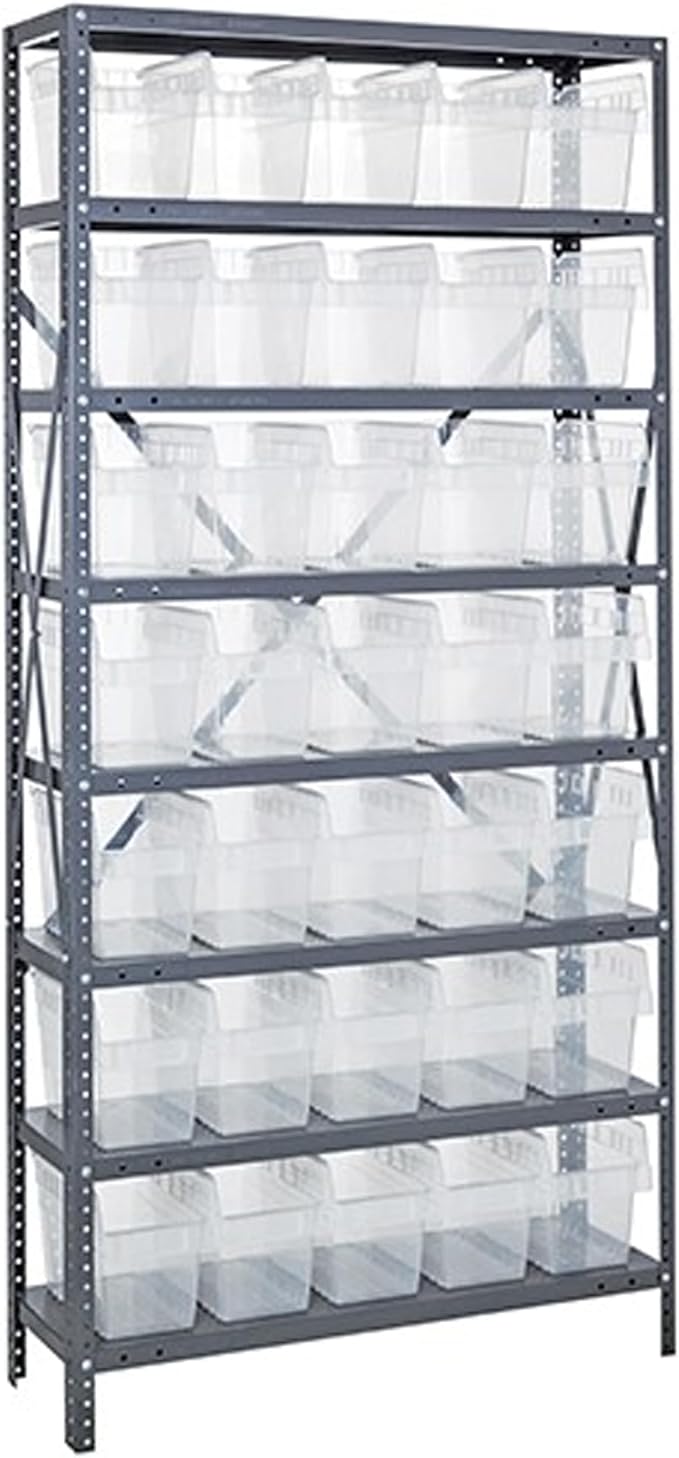 Quantum Storage Systems 1275-SB802CL Solid Heavy Duty 8 Shelves 35 STORE-MAX Clear Bins 75" H x 36" W x 12" D