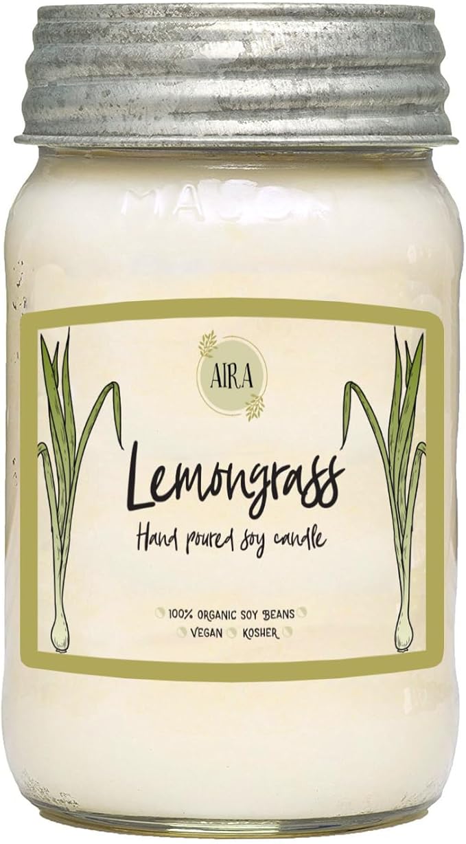 Aira Soy Candles - Organic, Kosher, Vegan, in Mason Jar w/Therapeutic Grade Essential Oil Blends - Hand-Poured 100% Soy Candle Wax - Paraffin Free, Burns 110+ Hours - Lemongrass - 16 Ounces