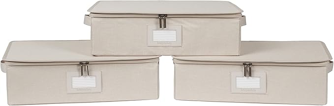Covermates Keepsakes Zip-Top Storage Box Set, 3 Pack Heavy Duty Polyester Organizer Bins, Stackable Design, ID Window, Reinforced Handles, Closet Home Storage, Beige Heather