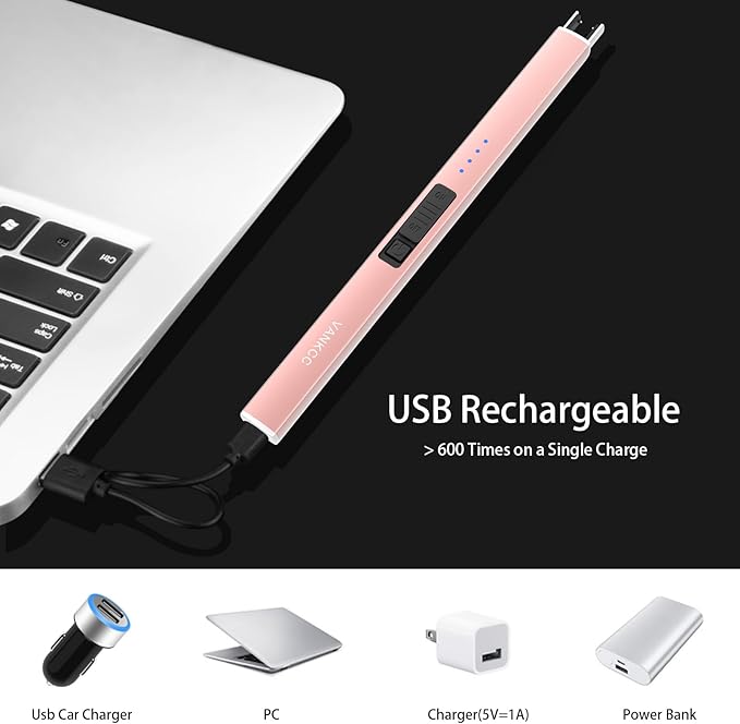 Electric Candle Lighter Plasma Arc Lighters Long USB Rechargeable Lighters Windproof Flameless with Double Safety Lock for Candle BBQ Camping (Rose Gold)