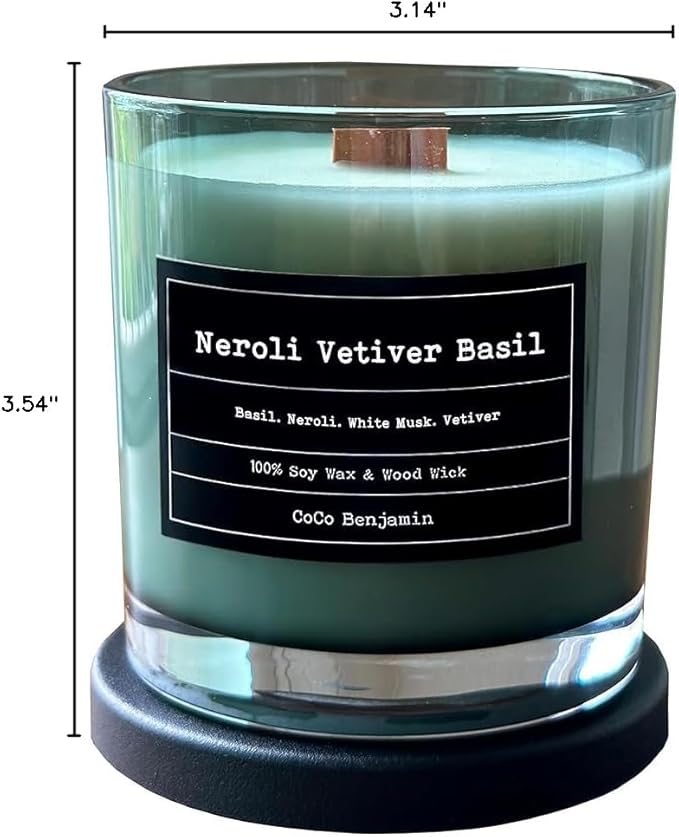 100% Soy, Highly Scented, Hand Poured Soy Candle (Neroli Vetiver Basil (Wooden Wick))