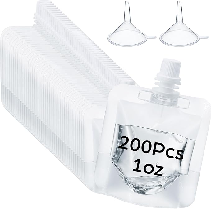 200 Pcs Plastic Pouches Bulk Clear Juice Bags Squeeze Pouches Plastic Leak Proof Bags with Funnel for Party Favors (1 oz)
