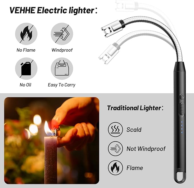 VEHHE Electric Lighter with 360° Flexible Neck, Flameless Windproof Long Candle Lighter with Led Battery Display, USB C Rechargeable with Hanging Hook for Gifts BBQ Fireworks (Black)