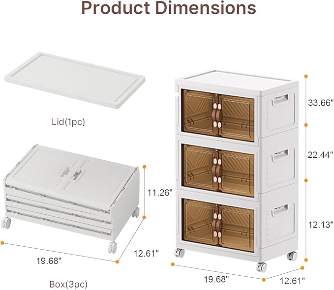 UAMFURI Stackable Storage Bins with Lids, 288QT Closet Organizers, Lockable Storage Cabinet，Foldable Storage Box with Doors and Wheels, Plastic Drawers for Home, Garage, Office (6, White, Medium)