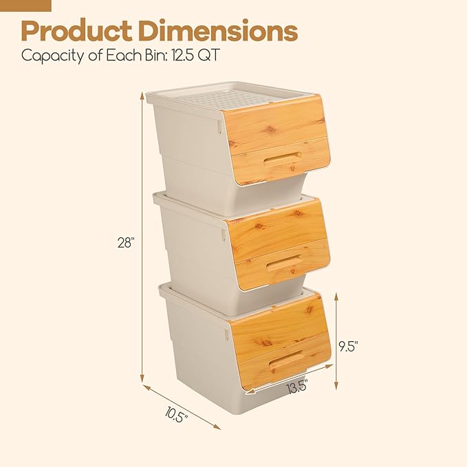 Giantex Plastic Stackable Storage Bins with Lids & Wheels, 3 Pack Open Front Stacking Bins, Organizer Bins for Pantry, Kitchen, Laundry, Closet, Playroom, Bedroom Organization (12.5 QT)