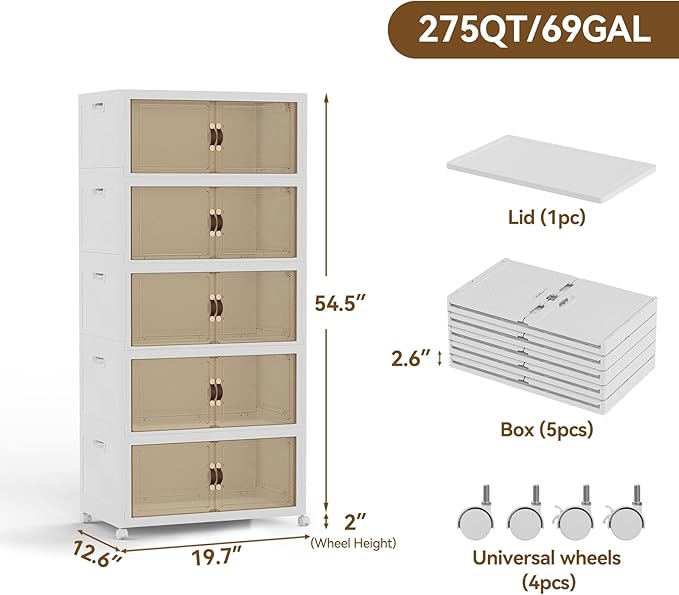 SAILUN 234QT/58Gal Stackable Storage Bins with a Lid, Collapsible Storage Bins With Doors, Folding Cabinet for Home Closet Organization,5 Pack-19.7" W x 12.6" D x 54.5" H White