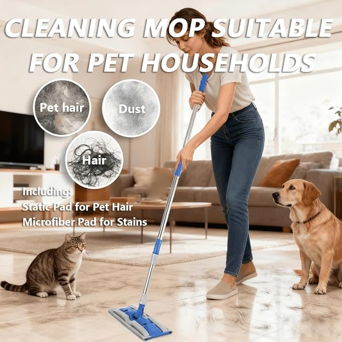 Electrostatic Pet Hair Clip-On Mop,One Swipe Captures All Pet Hair & Dust-2 Reusable Pet Hair Removal Cloths+1 Fiber Cleaning Cloth,57-Inch Adjustable Handle,Suitable for Large Home Areas&Under Sofas
