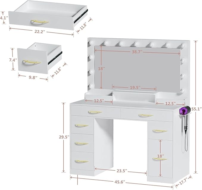ALEXNUTRE Vanity Desk with Mirror and Lights, Makeup Vanity with Outlets & Large Mirror & 6 Drawers,White Vanity with 3-Color Adjustable Lighting, Makeup Vanity for Bedroom