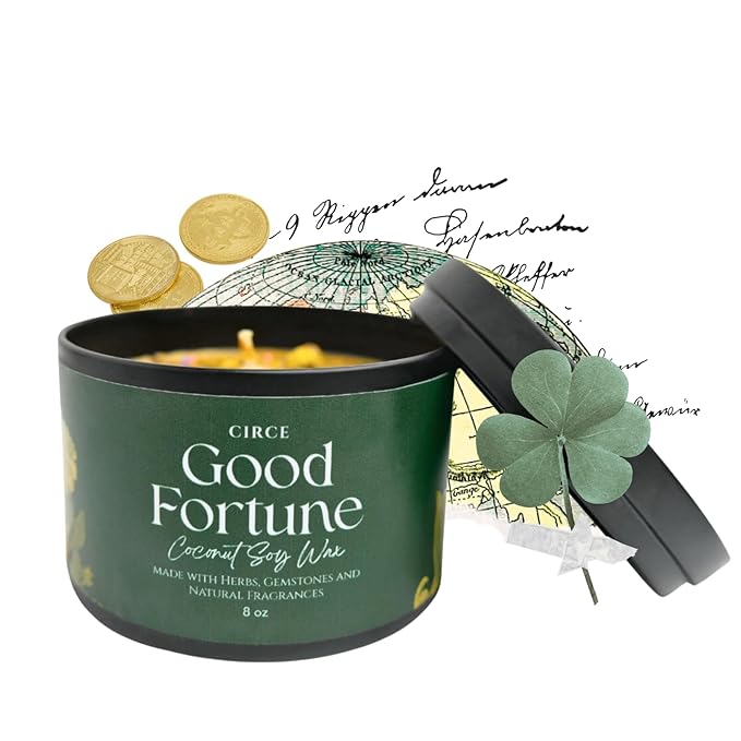 Circe Spell Candle “Good Fortune” Coconut Soy Wax Candle Jar – Premium Hand Poured & Long Burning – Herbs, Crystals & Natural Fragrance Oils - Invite Luck, Positivity & Success - Self Care, Gift- 8oz
